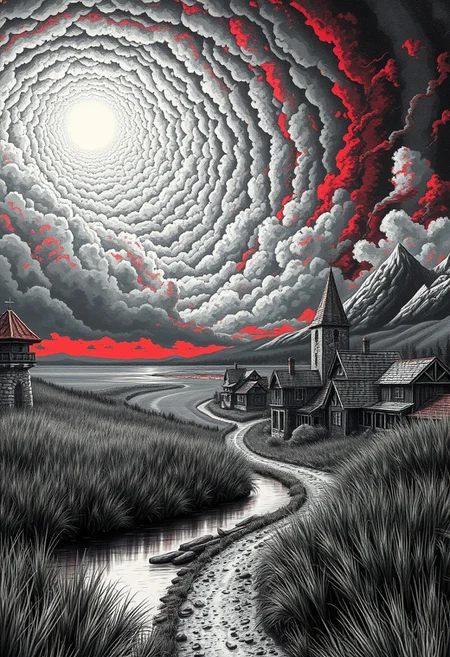 look from downhill river, faraway view , monochrome, best quality, absurd resolution, 26k wallpaper, with hints of red, oil-matte painting, busy skies, circular shape clouds, watchtower, intricate clouds, drawing masterpiece, very tall grass that is bend by the strong wind, night, beautifully crafted architecture, calm and relaxing art, black and white, fantasy village, houses made out of stone and wood with dirt roads, swamp far away, creative perspective, the skies are red, some houses are multi story, detailed wheat field, strong wing bends the tall grass, at the background there is a huge storm coming consuming the calm skies, surreal thunders coming out of that detailed sky, far from a peaceful village, corrupt ground under the storm far away, great sense of scale, mountains to the right side of the frame, UHD, very good quality, slight fog, smooth, sharp