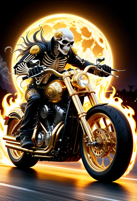 shine, ral-bling, motorcycle, with gold exhaust, skeleton with diamond gear riding the bike, burnout with flames on the road, at night, black and gold full moon background, Venomous adaptations, Trachea
