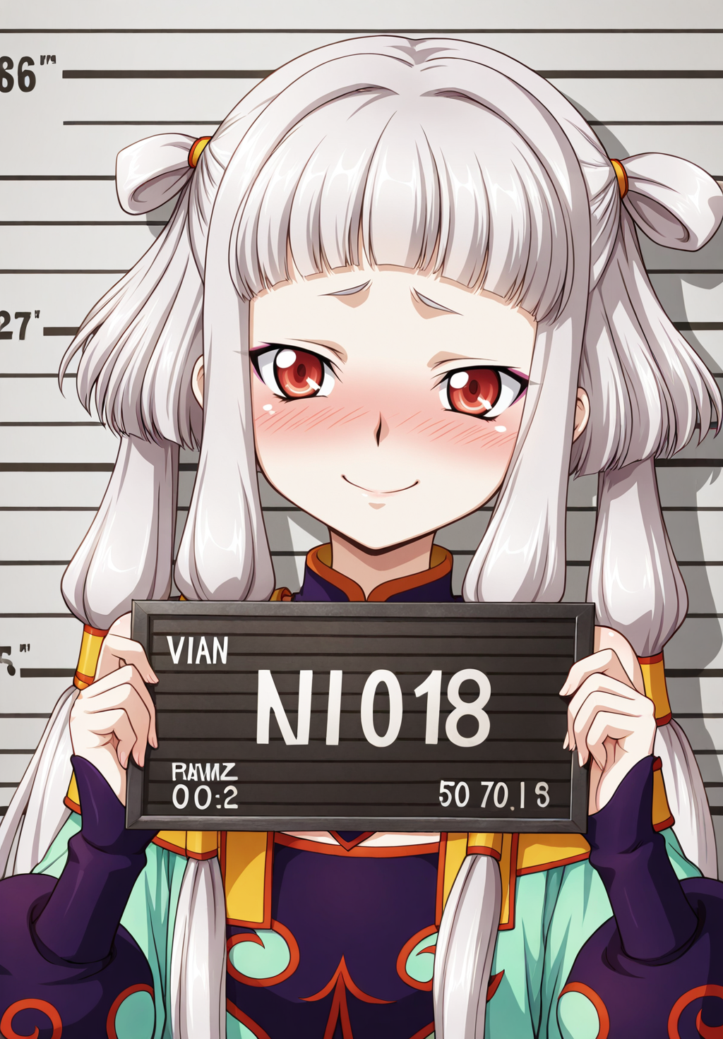 <lora:Tianzi_IllustXL:1>, tianzi, 1girl, long hair, red eyes, white hair, albino, twintails, grey hair, quad tails, very long hair, bangs, hair rings, sidelocks, mugshot, embarrassed, shy smile, prison clothes