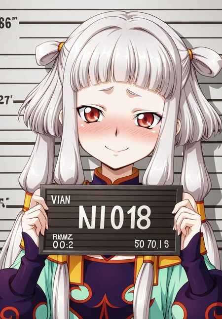 <lora:Tianzi_IllustXL:1>, tianzi, 1girl, long hair, red eyes, white hair, albino, twintails, grey hair, quad tails, very long hair, bangs, hair rings, sidelocks, mugshot, embarrassed, shy smile, prison clothes