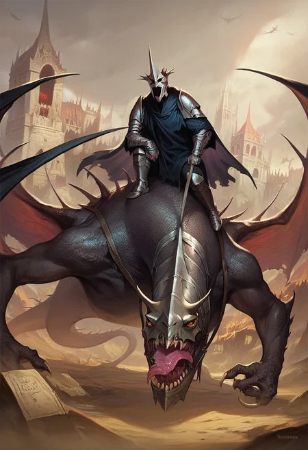 Score_9, score_8_up, score_7_up, Witch King
masked warrior,
full armor,
black cloak,
shredded clothing, full body, riding dragon, fell beast, riding fell beast, mounting dragon