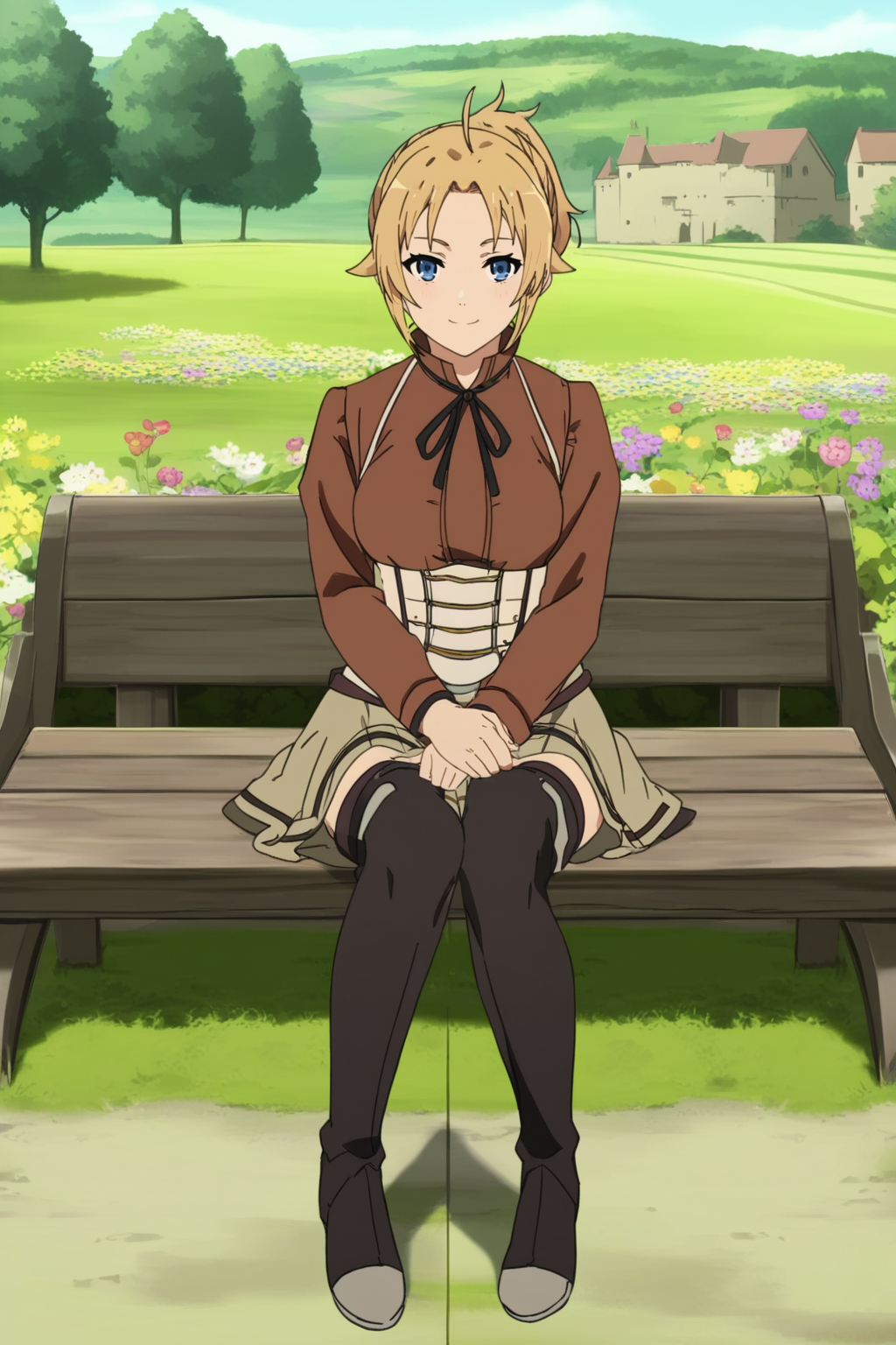 ,,,masterpiece,best quality,highres,4k,8k,intricate detail,cinematic lighting,perfect_eyes,High face detail,rating_explicit,high resolution,detailed eyes,
(score_7_up), source_anime,anime coloring,anime,(anime screencap),,zPDXL,
,,detailed background,, day, outdoors, flower field, (village), Medieval architecture, medieval.
,sitting, looking at viewer, full body, light smile, sitting on bench,
, skirt, shirt, thighhighs, long sleeves, ribbon, boots, black thighhighs, thigh boots, brown shirt,short skirt, 
,,zenith greyrat,mushoku tensei, short hair, blonde hair, blue eyes, ahoge, parted bangs, short ponytail,mature female,
,  <lora:Zenith_Greyrat_PonyXL_v1:0.75>