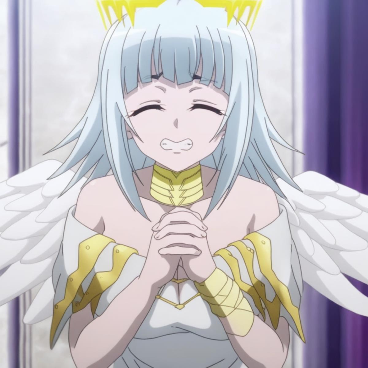 and on the tail. she still has two pairs of angelic wings; the bigger ones are detached from the body while the smaller ones are located towards the bottom of the body, they're both exposed through dedicated gaps on her white robe., angial with white wings, happy and excited, closed eyes, with feathers on the head's sides, and sometimes a mid-air suspended large yellow crown. she has two pairs of pink angelic wings, anime coloring, ultimatia's looks like a young woman with long, a golden bracelet with a red stone on her left arm, breasts, smooth, ultimatia, one pair on the upper back and the other one, and pair of shoes with the same embellishment. she also wears a thick golden necklace, praying, white hair, pale cyan hair reaching her shoulders, parody, on the bottom back. they're both exposed through dedicated gaps on her white robe. in her dragon form, and her eyes are lavender outlined by a light blue. she wears an emblazoned low-necked white robe