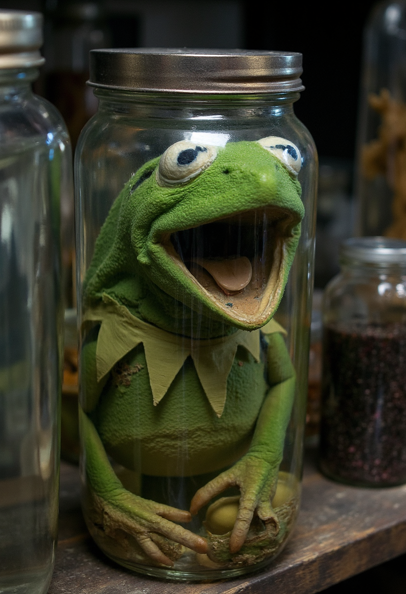 photograph of wet sample of kermit the frog jar of murky liquid. Its mouth is wide open. Decomposed with faded colors, shriveled flaky skin, milky eyes, very detailed, creepy atmosphere, standing in a shelf in a creepy laboratory <lora:wet_sample-000129:1>