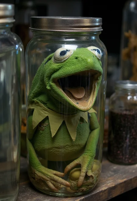 photograph of wet sample of kermit the frog jar of murky liquid. Its mouth is wide open. Decomposed with faded colors, shriveled flaky skin, milky eyes, very detailed, creepy atmosphere, standing in a shelf in a creepy laboratory <lora:wet_sample-000129:1>