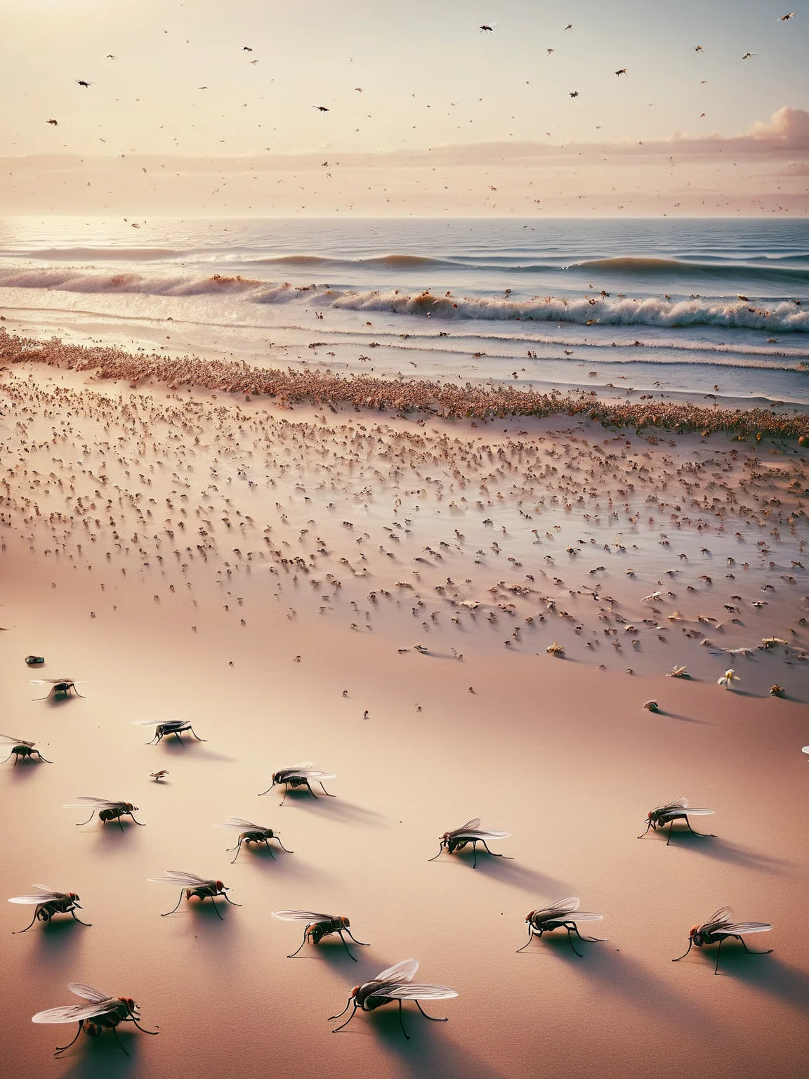 A serene beach at sunset, with waves gently lapping at the shore, ais-flyz relaxing on the sand, creating a tranquil yet slightly uncanny scene <lora:Flies_Style_SDXL:1>