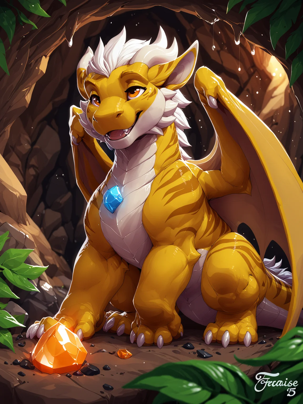 (by null-ghost:1.2), (by thesecretcave:0.6), by milkytiger1145, (by feralise:1.3), (best quality:1.2), normal quality, hi res, line art, portrait,
cave, ores, (gem:1.2), (leaf), BREAK
solo, feral, male, small dragon, scalie, young, wings,
(yellow scales), orange eyes, white spikes, white claws,
happy, open smile, looking up, (sitting),
BREAK
<lora:seaart-quality-v1-beta20-mapotest-realvsai13.1c:1.0>