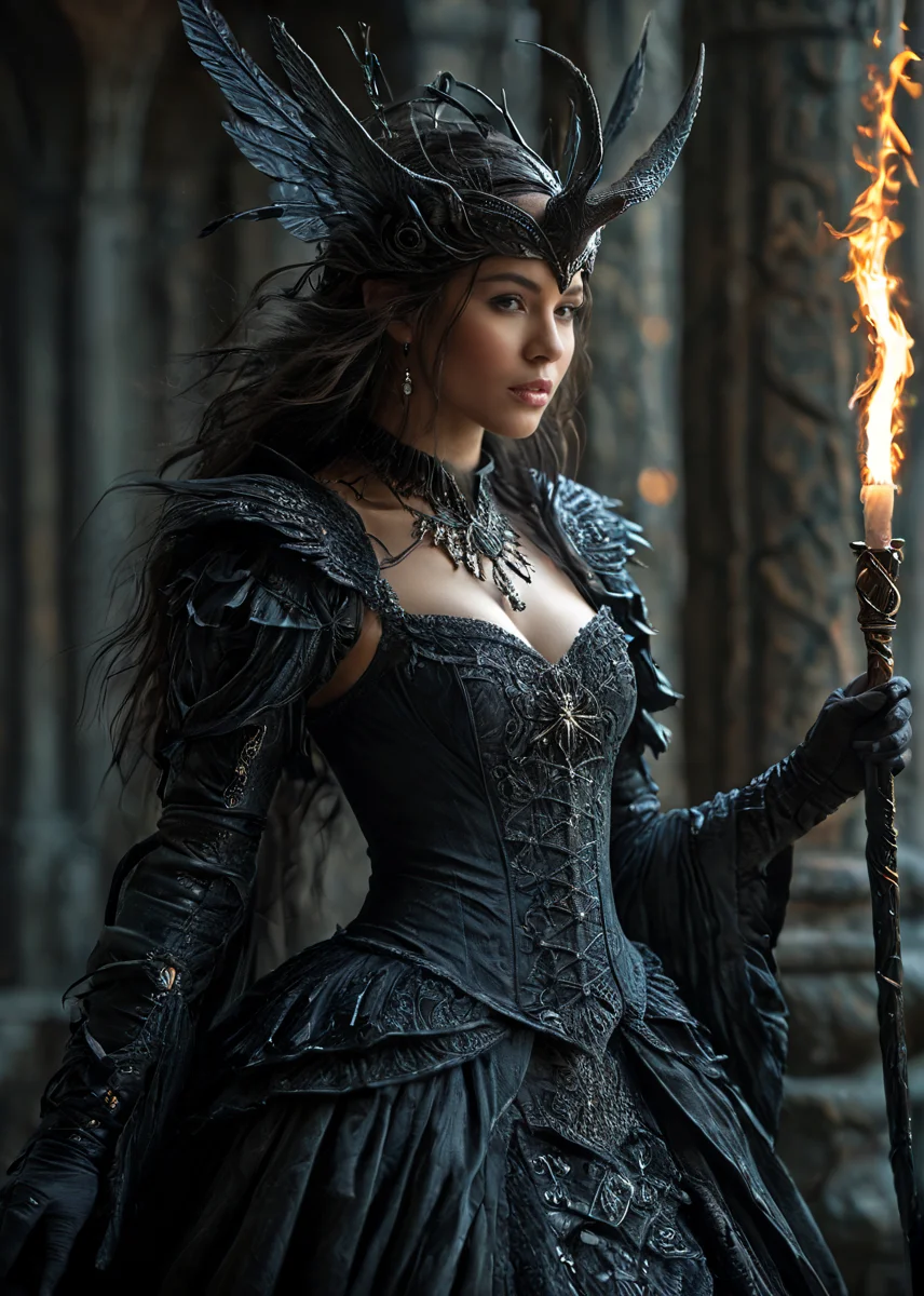 Photo, masterpiece, best quality, dramatic angle, art by Brian Froud:1.5, a dark figure with dark hair shrouded in mystery stands before us, her face obscured by a hat adorned with intricate detailing. She wears an elaborate black bodice and ornate coat, her delicate fingers poised to weave magic. A staff adorned with power orbits her right hand, while her left hand seems poised to command the air. The digital painting medium draws the viewer into this world of mysticism, where reality itself appears to unravel in a greyish haze, with wispy tendrils of shadowy shapes dancing across its surface. <lora:MS_KMXD_SDXL_V1:1>  <lora:mjv6:0.6>, intricate details, cinematic, good lighting, vibrant colors, (high quality texture), (sharp), (artistic image), 8K, detailed, dynamic, depth of field, intricate, <lora:add-detail-xl:0.8>