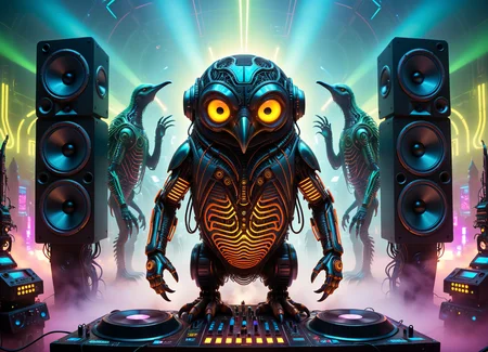 surrealist art Ombre color scheme of neon orange, neon pink, neon blue, neon yellow, neon green, biomechanical cyberpunk psychedelic style cute weird (alien|penguin) creature DJing (at a rave:1.1) (giant speakers:1.2) (crowd distant background:1.15) (bokeh volumetric lighting, fog:1.1) <lora:fx-monsters:0.35> fx-monsters <lora:add-detail-xl:1> <lora:sss:0.8> <lora:xl_more_art-full_v1:0.35> <lora:The_Dark_Side_Of_The_Future:0.25> <lora:vibracol:0.5> vibracol, subsurface scattering, Photorealistic, Hyperrealistic, analog style, realistic, film photography, soft lighting, heavy shadow . vibrant colors, swirling patterns, abstract forms, surreal, trippy . cybernetics, human-machine fusion, dystopian, organic meets artificial, dark, intricate, highly detailed . dreamlike, mysterious, provocative, symbolic, intricate, detailed