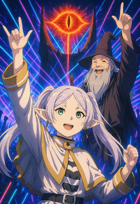 masterpiece, best quality, L0rd0fTh3R4v3s, g4nd4lf, looking at viewer, smile, open mouth, 1boy, hat, :d, arm up, facial hair, beard, old, old man, 1girl, frieren, sousou no frieren, 1girl, green eyes, long hair, white hair, grey hair, twintails, parted bangs, white capelet, long sleeves, earrings, elf, ,<lora:SauronsRaveTower_IXL_v1:1.0>,