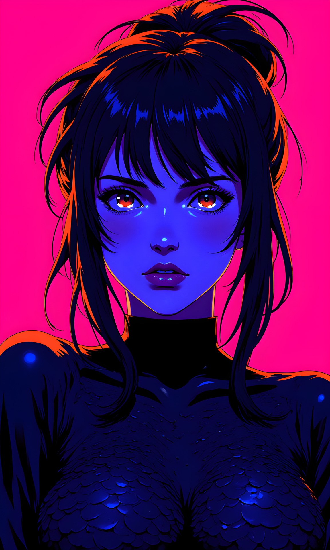 A woman with long, dark hair styled in an updo. She is depicted in a close-up portrait, with her face and upper shoulders as the main focus. Her expression is intense and captivating, with her eyes looking directly at the viewer. The lighting in the image is predominantly blue and orange, creating a striking contrast that highlights her features.
Her facial expression is bold and confident. She has a slight pout on her lips, which adds to the overall intensity of her look. Her eyes are wide open, with long eyelashes and defined eyebrows, creating a sense of connection with the viewer. The bright colors of the lighting enhance the contours of her face, making her features stand out even more.
She is positioned slightly off-center, with her head tilted slightly upwards. This pose creates a dynamic and engaging composition, drawing the viewer's attention to her face and the vibrant colors. Her posture is relaxed yet poised, conveying a sense of self-assurance and presence.
The woman is wearing a top with a unique, textured pattern that resembles scales or feathers. The top is dark in color, which contrasts with the bright colors of the lighting. The intricate details of the top add a layer of visual interest and style to her appearance.
The camera is positioned close-up, capturing the woman from a frontal perspective. This angle allows for a detailed and intimate view of her face and upper body. The framing is tight, focusing primarily on her and the immediate surroundings.
The lighting in the image is predominantly blue and orange, creating a strong contrast between the illuminated areas and the shadows. The blue light casts a cool, almost ethereal glow over her face, while the orange light highlights the contours of her features, adding warmth and depth. The interplay of light and shadow enhances the overall mood and atmosphere of the image.
The background is a solid, deep pink color, which provides a stark contrast to the vibrant colors of the lighting on the woman's face. The simplicity of the background helps to draw attention to the subject and the intricate details of her features.
The composition is centered and symmetrical, with the woman positioned in the middle of the frame. The lines of her hair and the direction of her gaze guide the viewer's eye through the image, creating a sense of balance and harmony. The overall effect is one of drama and intensity, capturing a moment of powerful presence and beauty in a surreal and atmospheric setting.
BREAK j_art, anime, anime art, <lora:FLUX\RetroAnimeS1.1:0.1>, <lora:FLUX\GLSHS:0.1>, <lora:FLUX\Dieselpunk Delight - s0_9 g4:0.1>, <lora:FLUX\Anime Art V3:0.1>, <lora:FLUX\jul\J_Anime:1.0>