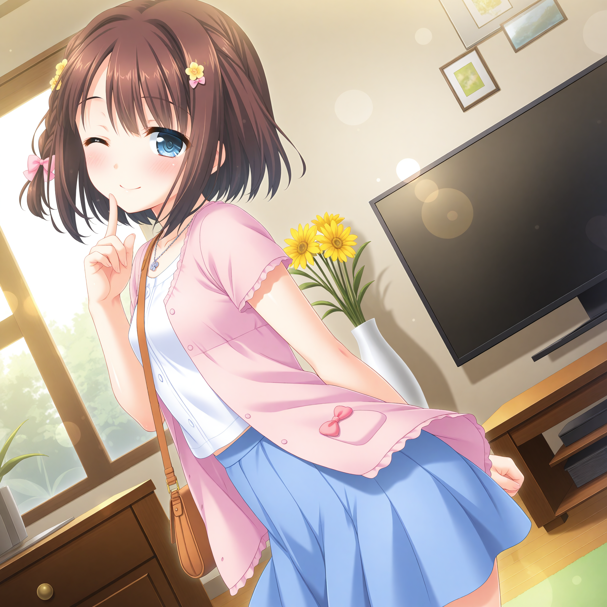 <lora:Seguchi_Mahiru_1_nai-000041:1>,Seguchi Mahiru,
hair bow,pink bow,hair flower,yellow flower,braid,shoulder bag,pink jacket,open jacket,blue skirt,pleated skirt,white shirt,necklace,jewelry,short sleeves,
BREAK
1girl,solo,one eye closed,looking at viewer,indoors,skirt lift,smile,blush,living room,lens_flare,dutch angle,finger to mouth,from side,