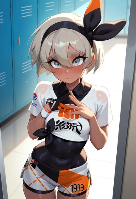side_light,4k,(masterpiece:1.4),(best quality:1.4),(high resolution:1.4),Ultra HD, HDR,(hyperdetailed),smooth lighting,source_anime,very aesthetic,intricate details,intense,highres,vibrant colors,detailed_shadows,detailed_reflections,high-quality textures,good shading,studio quality,epic lighting,digital illustration,show accurate proportions,long eyelashes,thick eyelashes,perfect hands,perfection,5 fingers,perfectly detailed fingers",""manga eyes,perfect eyes,detailed eyes,beautiful lighting,detailed eyes,perfect eyes,long eyelashes,thick eyelashes,long eyelashes,shiny skin, perfect beautiful face, cute,Big eyes,mature,adult female,18 years old,
zzBea, grey eyes, grey hair, short hair, hair between eyes, black hairband, dark skin, crop top, print shirt, bodysuit, shorts, single glove,
Shy,blush,sweaty, 
,small breast,muscle body,
blush,posing,on lockeroom,