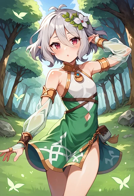 score_9, score_7_up, hd, (ultra hd quality details), source_anime, forest,
solo, 1girl, pcrkok, grey hair, elf, antenna hair, floating hair, wind,
kokdef, hair flower, white flower, two-tone dress, green dress, white dress, sleeveless, detached sleeves, see-through sleeves, bridal gauntlets,
blush, avert gaze, split mouth,
standing, dynamic pose, hand in own hair,
dutch angle,
<lora:_kokkoro-elesico-ponyr2:0.9>