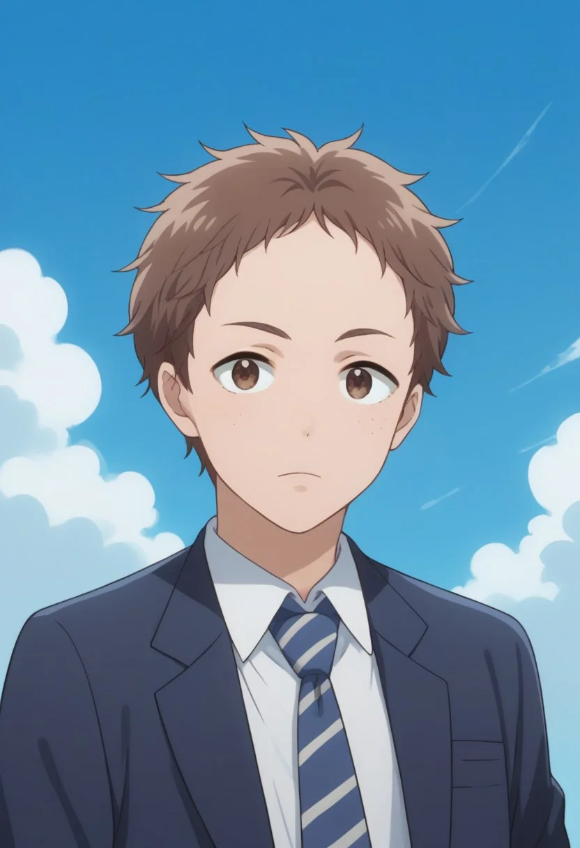 score_9, score_8_up, score_7_up, source_anime, highly detailed,
taiyo, 1boy, male focus, brown hair, solo, full body, brown eyes, freckles, school uniform, necktie, jacket, striped, blazer, striped necktie, upper body
outdoor, sky,