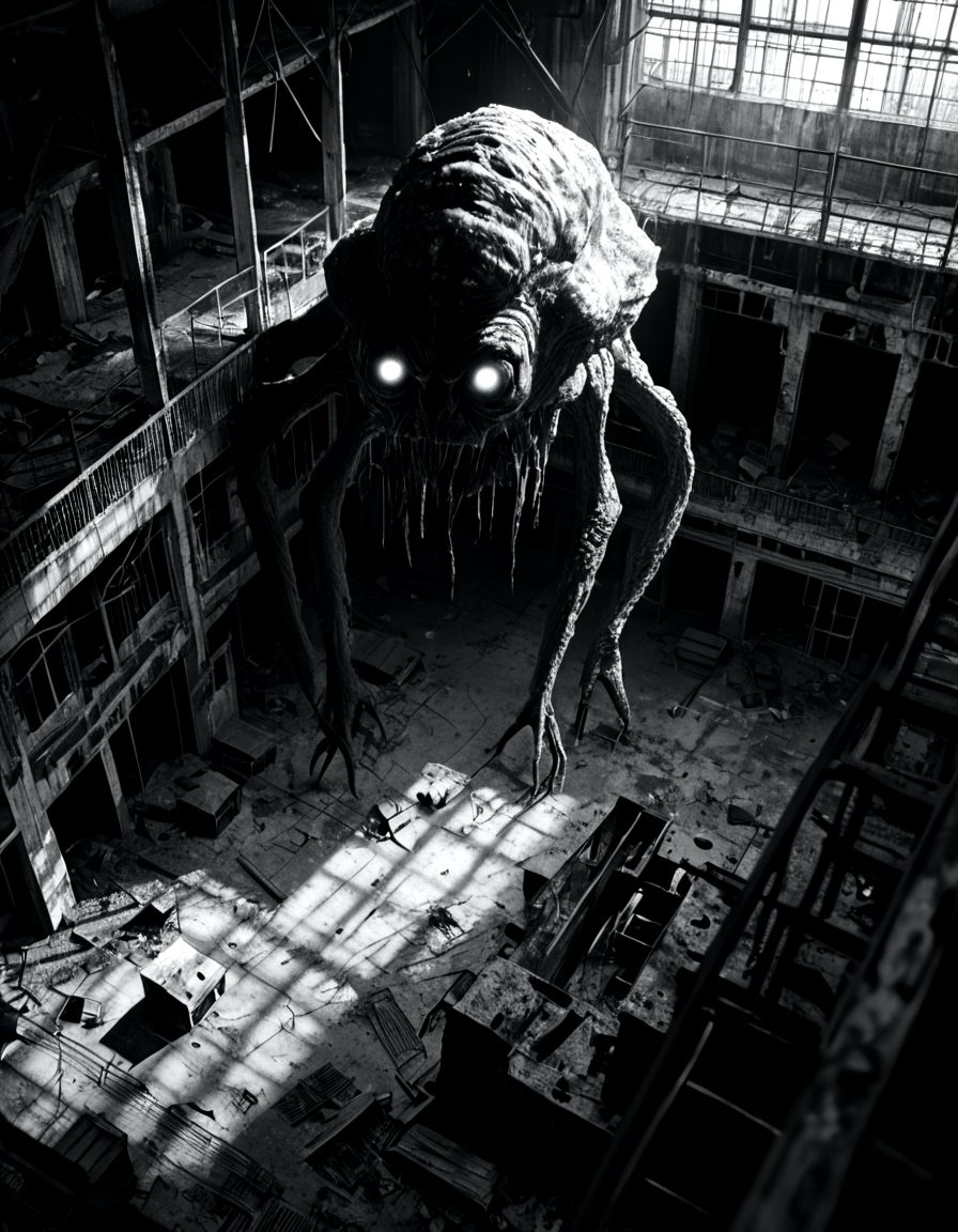 score_9, score_8_up, score_7_up, horrorcctvlora, monochrome, greyscale, dark, abandoned building, monster, glowing eyes, bird view