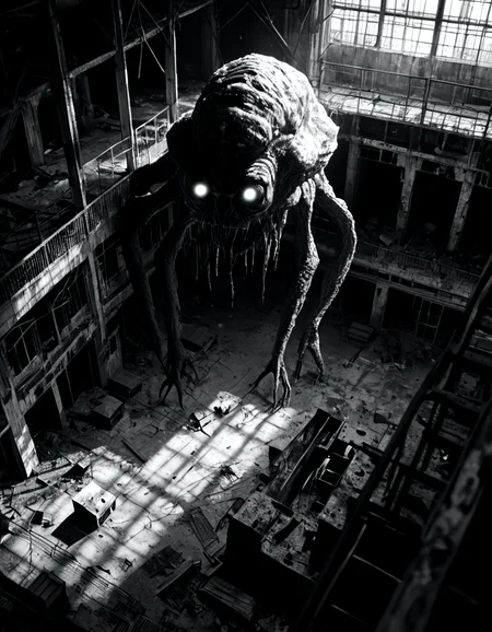 score_9, score_8_up, score_7_up, horrorcctvlora, monochrome, greyscale, dark, abandoned building, monster, glowing eyes, bird view