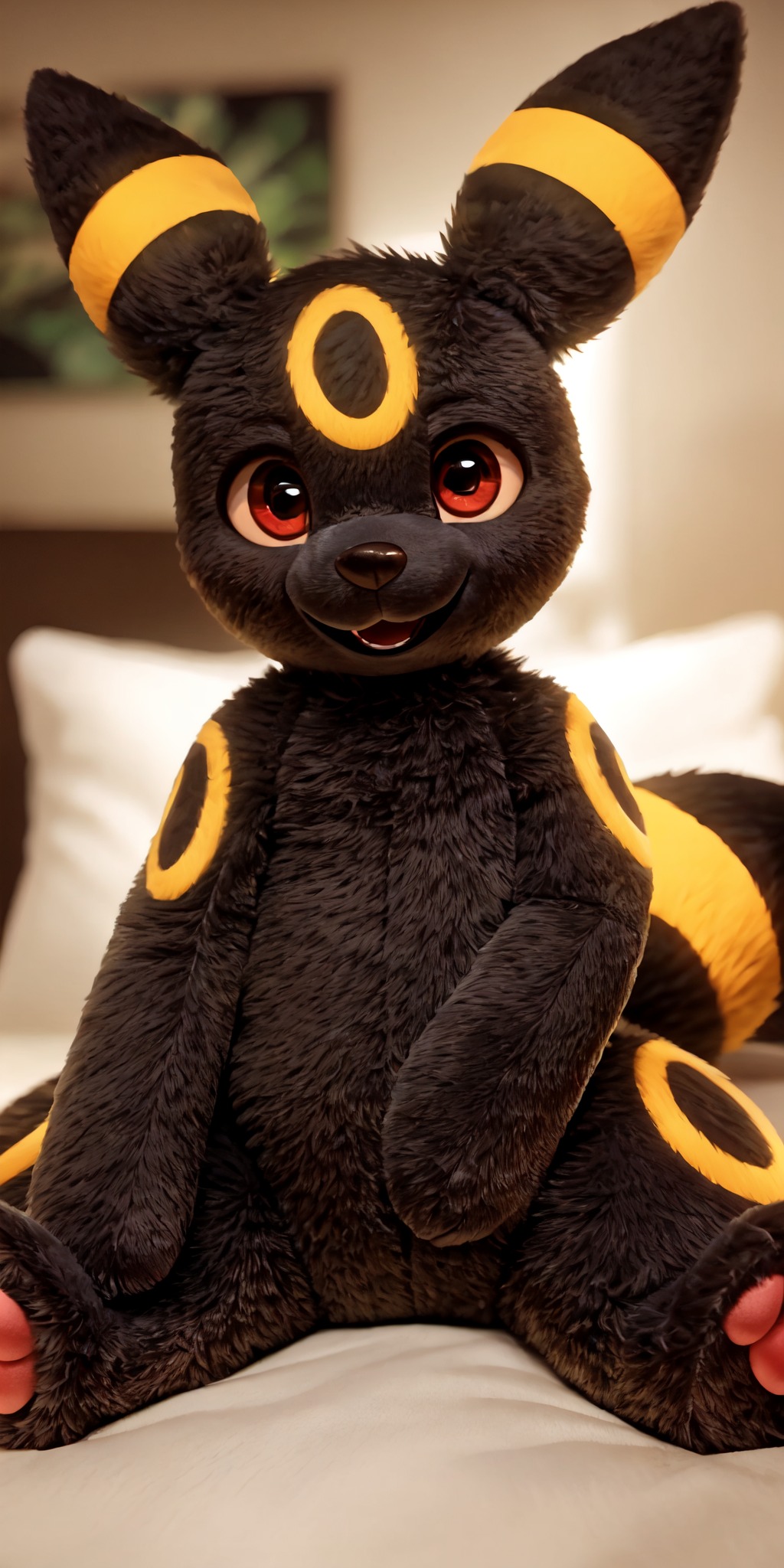 solo,((umbreon:1.2)), plushie, smile,front view, sitting in bed, spread legs, <lora:TeddyBear:0.8>, uploaded on e621, (detailed background, depth of field), (intricate:1.1), (high detail:1.2), (soft focus), (masterpiece, best quality, 4k, 2k, shaded, absurd res),((full body view:1.2)),bothpaws on belly,red teddy eyes,plush umbreon tail,black fur,happy,((smiling with open mouth:1.2)).