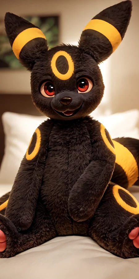 solo,((umbreon:1.2)), plushie, smile,front view, sitting in bed, spread legs, <lora:TeddyBear:0.8>, uploaded on e621, (detailed background, depth of field), (intricate:1.1), (high detail:1.2), (soft focus), (masterpiece, best quality, 4k, 2k, shaded, absurd res),((full body view:1.2)),bothpaws on belly,red teddy eyes,plush umbreon tail,black fur,happy,((smiling with open mouth:1.2)).