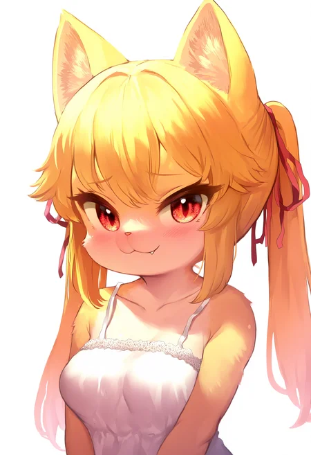 (masterpiece, best quality, absurdres::0.75), uncensored,
dramatic lighting, refraction, rim lights, white background,
BREAK
1girl, solo, red eyes, blonde hair, long hair, twintails,
cat girl, cat ears, animal ears, animal ear fluff,
smile, fang, :3, shy,
(shortstack:0.5), medium breasts,
hair ribbon, white dress, collarbone, bare shoulders,
furry female, body fur, yellow fur, animal nose,
close-up, portrait, v arms, upper body,
looking at viewer, (from side:0.75),
<lora:Nyankone-P6v1-Illu01:1>,