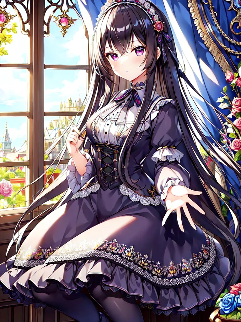 ((masterpiece)),((best quality)),(ultra-detailed),(illustration),((an extremely delicate and beautiful)),(dynamic angle),
1girl, flowers, spring, beside window, rose, very long hair, detailed face, long eyelashes, flower in eye, frilled sleeves, corset, tiara, princess,
purple eyes, wide-eyed, clear sky, daylight, sunny, dark blue dress, rose, black hair, patterned clothing, (lo gothic:1.4), platform heels, dark blue thighhighs, <lora:lo_fashions_v5:0.64>