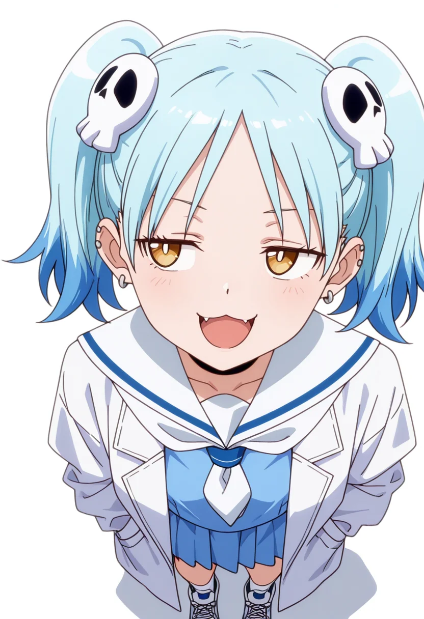 masterpiece,high quality details, absurdres,
<lora:Izutsumi_Marín:0.8>
izutsumi_cnr, 1girl, blue hair,yellow eyes, multicolored hair, skull hair ornament, twintails, black choker,ear piercing,
white sailor collar, blue serafuku, blue shirt,blue skirt,labcoat, white socks, sneakers,, simple background, white background, from above,solo,, naughty face,screaming,, ;3,, ultra realistic, high detailed skin,