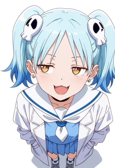 masterpiece,high quality details, absurdres,
<lora:Izutsumi_Marín:0.8>
izutsumi_cnr, 1girl, blue hair,yellow eyes, multicolored hair, skull hair ornament, twintails, black choker,ear piercing,
white sailor collar, blue serafuku, blue shirt,blue skirt,labcoat, white socks, sneakers,, simple background, white background, from above,solo,, naughty face,screaming,, ;3,, ultra realistic, high detailed skin,
