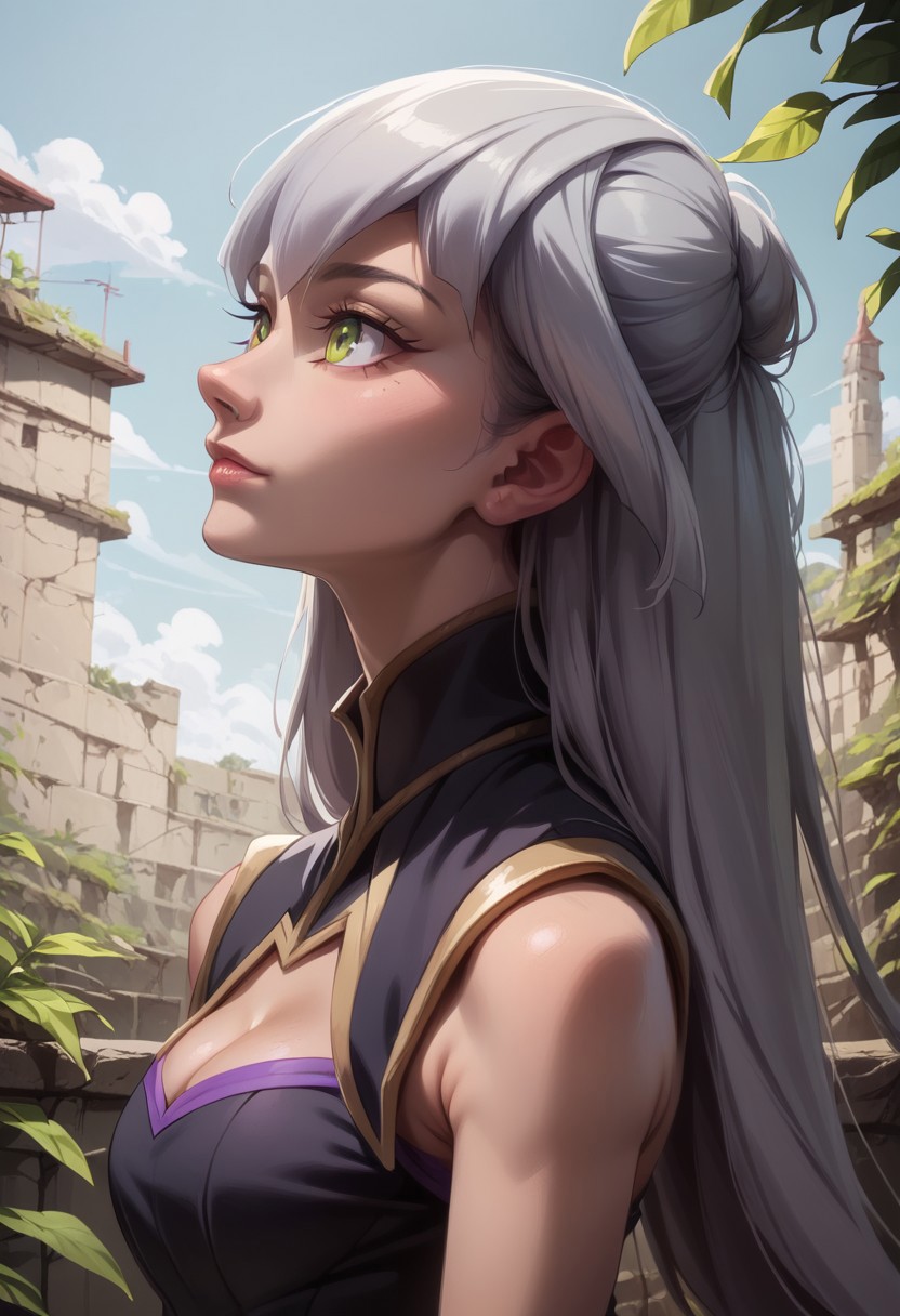score_9, score_8_up, score_7_up, detailed, high quality, photorealism, realistic, detailed skin, detailed eyes,  OverallDetail, SkinHairDetail,
easynegative, SkinHairDetail, OverallDetail,
gracetyler, lime eyes, silver hair, long hair, black dress, cleavage, sleeveless, side slit, medium breasts,  portrait, simple background, sultry pose, legs, shoes, side view, close-up, outdoor,