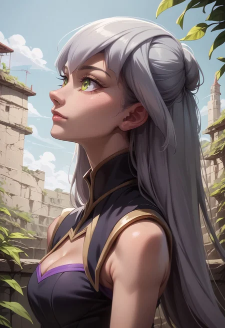 score_9, score_8_up, score_7_up, detailed, high quality, photorealism, realistic, detailed skin, detailed eyes,  OverallDetail, SkinHairDetail,
easynegative, SkinHairDetail, OverallDetail,
gracetyler, lime eyes, silver hair, long hair, black dress, cleavage, sleeveless, side slit, medium breasts,  portrait, simple background, sultry pose, legs, shoes, side view, close-up, outdoor,