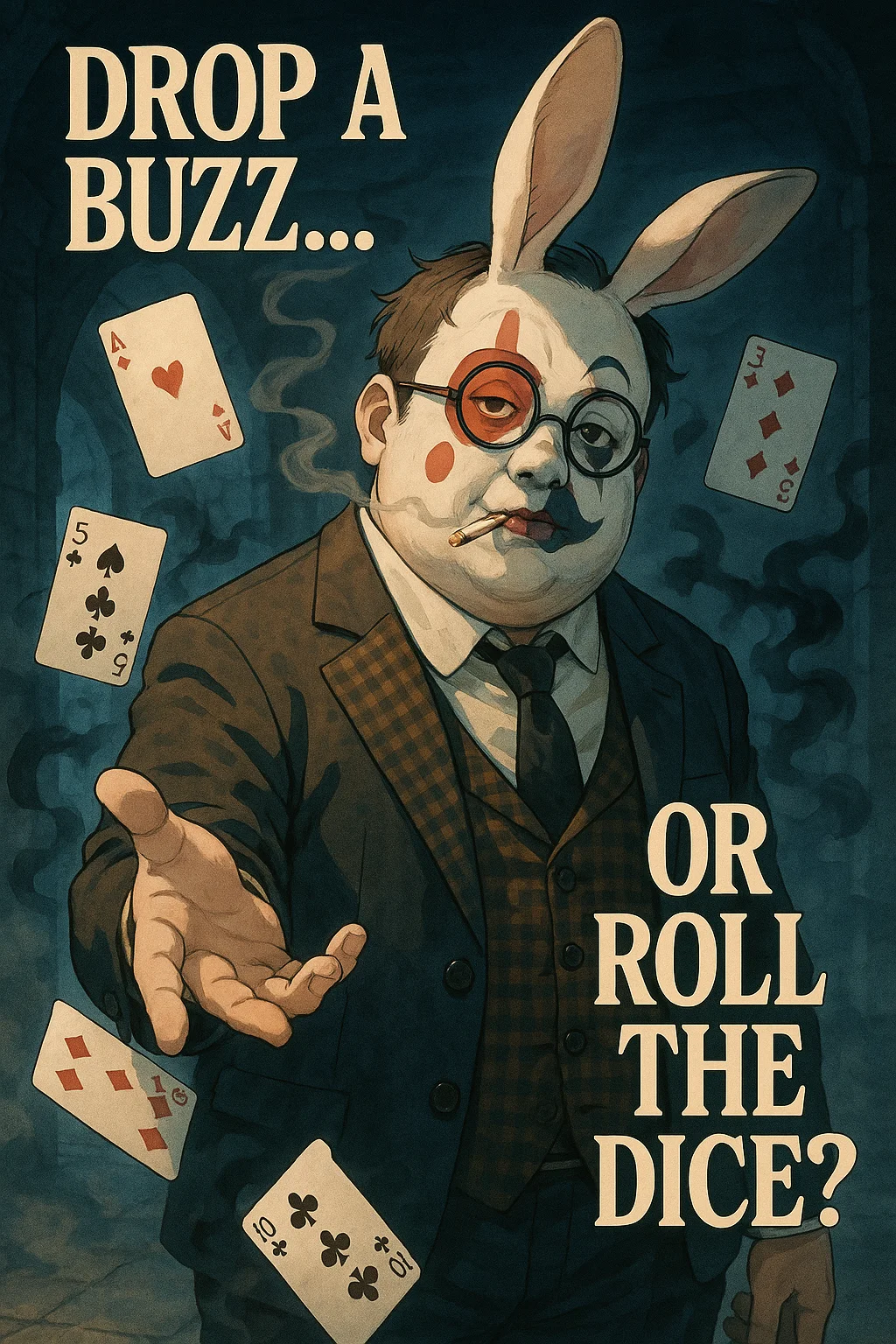 Anime-style, high-resolution illustration. The scene takes place in a moody, mysterious basement with stone textures, soft fog, and cool-toned ambient lighting. The space feels cinematic and dreamlike — mysterious, not frightening.

In the center stands a slightly chubby man with theatrical rabbit-inspired face paint — a red circle around one eye, a black smear under the other, and pale foundation that gives him a surreal, unsettling charm. He wears a slightly mismatched formal suit — classic, but with eccentric flair (e.g., bold patterns or asymmetry). On his face is a pair of mismatched glasses — one round, one square.

He holds a cigarette between his lips, calmly exhaling smoke into the air. With his other hand, he reaches out toward the viewer — as if offering a deal, or inviting them to make a choice. His expression is calm, smug, and quietly persuasive, as if to say: “You only get one shot.”

Floating around him are several playing cards, vivid in red and black, with glossy textures and soft black magical smoke swirling through the air.

Large, stylish anime-inspired text is placed prominently in the scene:
“DROP A BUZZ... OR ROLL THE DICE?”