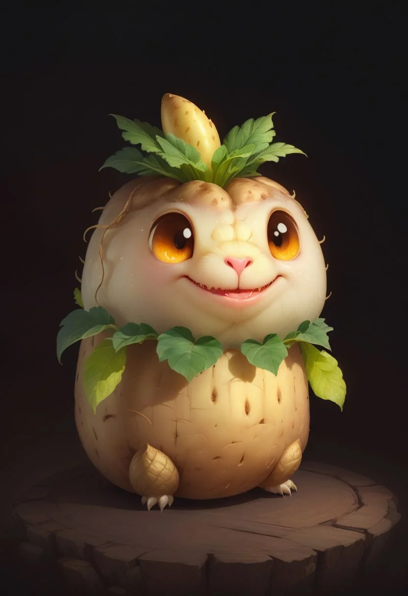 very cute appealing anthropomorphic dragon potato, kawaii, potato eyes, potatoe mouth, looking at the viewer, macro, cinematic lighting, fantasy art, dynamic composition, epic realistic, award winning illustration  <lora:FoodPets:1> Foodpets