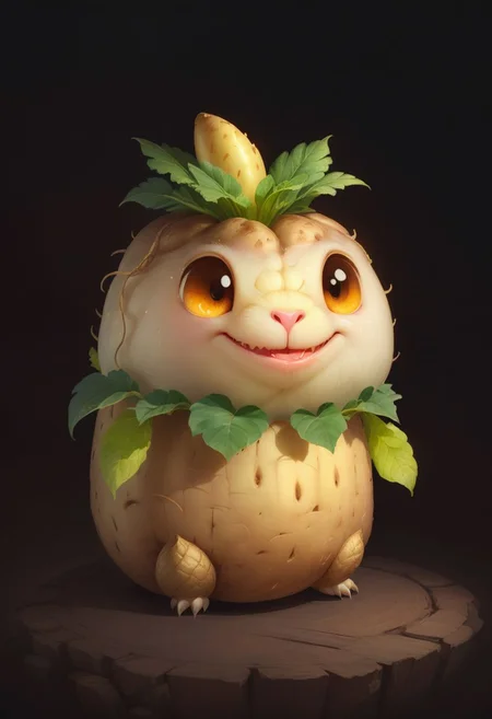 very cute appealing anthropomorphic dragon potato, kawaii, potato eyes, potatoe mouth, looking at the viewer, macro, cinematic lighting, fantasy art, dynamic composition, epic realistic, award winning illustration <lora:FoodPets:1> Foodpets