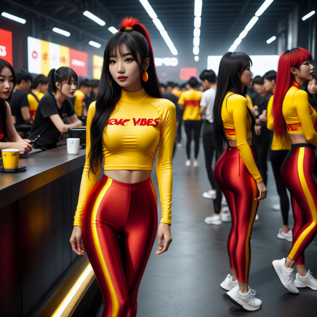 (dark cinematic still, dark vibes) sexy slim skinny one asian girls ,unique, wearing  red and yellow 
 side_view_spandex_leggings, unique hair styles, 8k uhd, dslr, high quality, photorealistic, realism, hyperrealism,
 <lora:sdxl_spandex_leggings_v2:0.7>