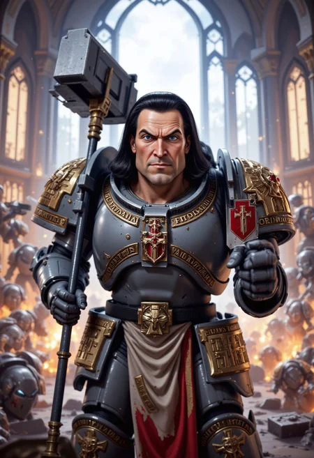 A towering, massive Grey Knight Space Marine, easily over 8 feet tall, stands in the heart of a chaotic battlefield. His ornate power armor, engraved with sacred symbols and intricate Gothic designs, gleams under the firestorm of combat. Instead of a typical helmet, the head of Lord Farquaad, complete with his iconic jet black, long, sleek hair, pokes out from the armor. His smug, self-assured expression contrasts sharply with the war-torn surroundings. The Grey Knight weilds a massive war-hammer. The scene blends epic sci-fi action with absurd humor, as Farquaad's head remains unflinchingly calm and dignified amidst the chaos of war