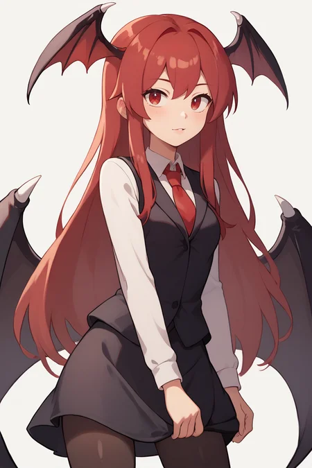 score_9, score_8_up, score_8, score_9, 1 girl, source_anime, <lora:koakuma_pony-10:1>, koakuma, red hair, red eyes, wings, head wings, black vest, black skirt, white shirt, red tie, sexy, straight hair, black pantyhose, <lora:Mangamaster-style_v10:0.8> mangamaster