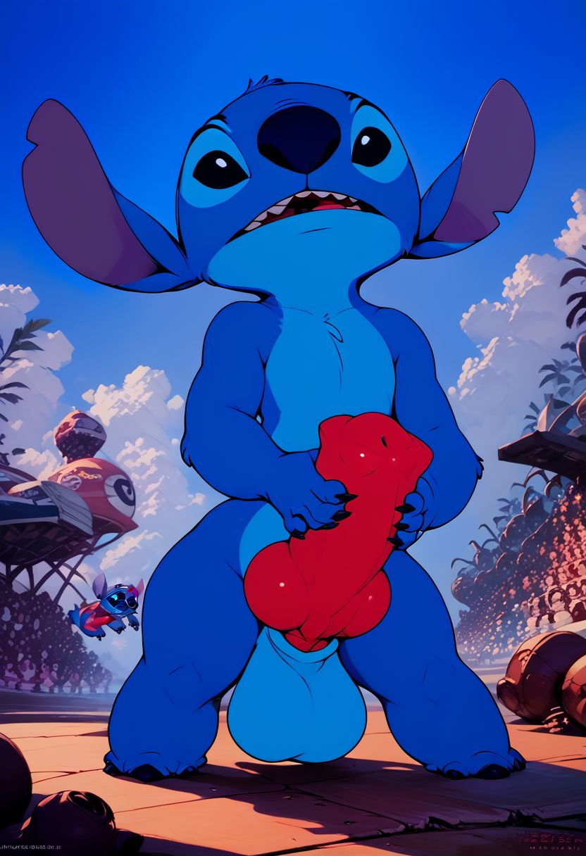 fighting game style score_9, score_8_up, score_7_up, score_6_up, vibrant, source_photo, realistic, 1 boy, Stitch, gigantic knotted penis, nude, (shortstack:1.4), small body, blue furr