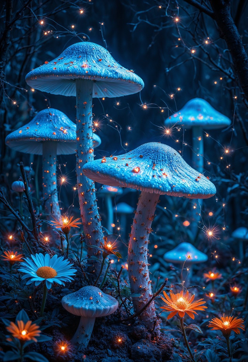 Keep the scale but set it at night with bioluminescent details. The mushrooms could have patterns of glowing spores drifting down, fireflies weaving between them, and moonflowers blooming at their bases. The mist could be illuminated by moonlight creating light beams between the caps.