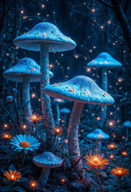 Keep the scale but set it at night with bioluminescent details. The mushrooms could have patterns of glowing spores drifting down, fireflies weaving between them, and moonflowers blooming at their bases. The mist could be illuminated by moonlight creating light beams between the caps.