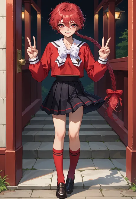 score_9, score_7_up, source_anime, BREAK <lora:AELucy:1>
AEHikaru, red eyes, red hair, hair between eyes, long hair, long braid, braided ponytail, single braid, hair ribbon, red ribbon, serafuku, red shirt, white sailor collar, long sleeves, white bowtie, black skirt, pleated skirt, kneehighs, red socks, black footwear,
full body, smile, standing, double v,