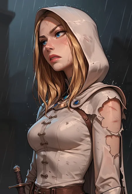 (score_9, score_8_up, score_7_up). (line work, excellent drawing, highest quality, extremely detailed:1.2). solo, 1girl, 24 year old woman, Battle Cleric, saint, vestal, hood, armor, religious, medium breasts, glossy lips, long lashes, blue eyes, blonde hair, innocent, cute face, pale skin, soft skin, determined, injured, slut face, nympho, horseriding skirt, fantasy, dnd, g0thicPXL, romantic, source_cartoon, depth of field, medium distance, cowboy_shot, semirealistic, dynamic angle, side view, in profile, dark background, raining, torn clothes, muddy clothes, dynamic pose, holding a knife,