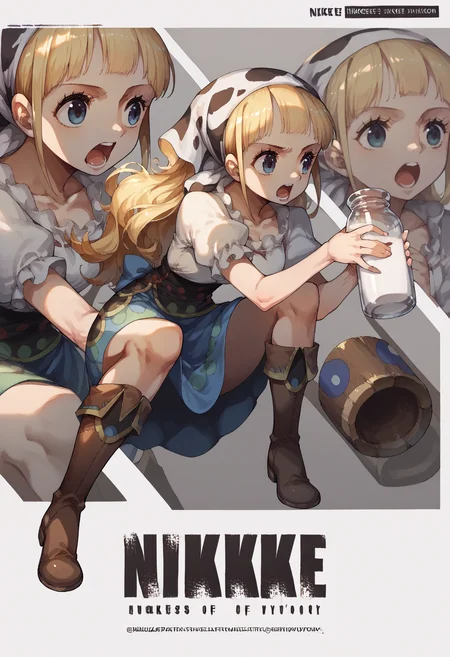score_9, score_8_up, score_7_up, source_anime, RythModaOPPony, 1girl, standing, dress, skirt, bandana, brown boots, open mouth, <lora:ModaOPPony-101:1>, <lora:NikkeProfileV2_XLPD:1.1> IncrsNikkeProfile, full body, zoom layer, on one knee, holding milk jar,