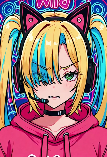 masterpiece, best quality, absurdres, highres, chromatic aberration, 1girl, solo, green eyes, eyelashes, long hair, two-toned hair, blonde hair, blue hair, twintails, bangs, hair over one eye, headset with fake cat ears, black choker, long oversized hoodie, angry, looking at viewer, hypnotized eyes, gamepad controler, upper body, closeup, face focus, simple background, psychedelic background, highly detailed, neon lights, vivid colors
