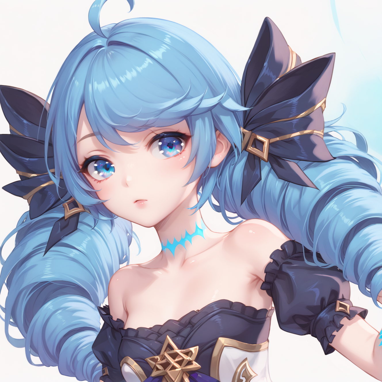 score_9, score_8_up, score_7_up, 
1girl, gwenlol, blue hair, blue eyes, ahoge, twin drills, puffy short sleeves, bare shoulders,
<lora:shining_nikki_style_pony_v1:0.8> <lora:gwenlol_pony_v1:1>