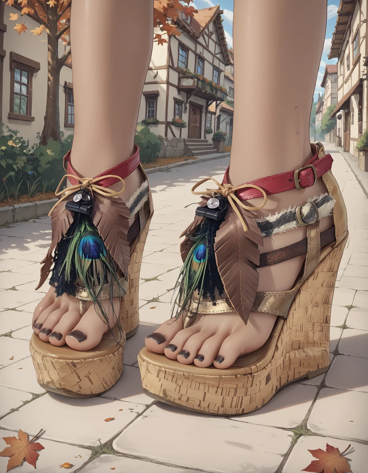 score_9, score_8_up, score_7_up, score_6_up, source_anime,
1girl,
dark skin,
feet, toes, black toenail polish,
(b0h0 heels), platform footwear,
(forest:0.9), town, village, (autumn:1.2),
embedding:zPDXLrl ,
embedding:zPDXL2 ,