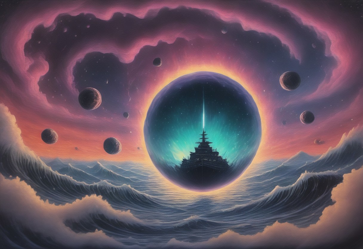 Space_In_Shell, psychodelic,in a space, a huge frigate flying  in a space storm on huge energy waves, in the background a huge kraken is visible catching up with the frigate, dark shot,
