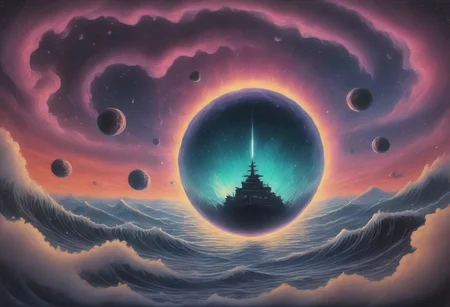 Space_In_Shell, psychodelic,in a space, a huge frigate flying in a space storm on huge energy waves, in the background a huge kraken is visible catching up with the frigate, dark shot,