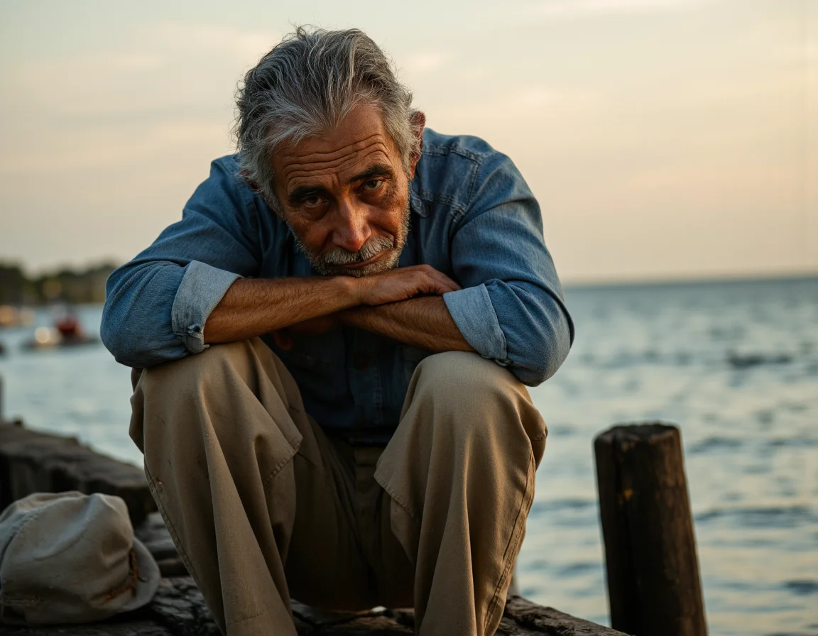 <lora:{people, }People:0.85> people, A photorealistic 4K image of an aged fisherman, weary from the trials of life, sitting on a worn, wooden dock, his head supported by his weathered hands, as if the weight of his years has become too much to bear. His skin is leathery and wrinkled, with deep creases etched into his face, telling the story of countless days spent under the harsh sun and battling the unforgiving sea. His hair is thin and grey, blown gently by the sea breeze, and his eyes, a deep, sorrowful brown, seem to hold a thousand untold stories. He wears a faded, blue denim shirt, stained with salt and fish blood, and a pair of tattered, beige pants, held up by a frayed rope belt. A worn, canvas hat rests beside him, its brim curled and faded. The lighting is soft and warm, with the golden tones of a setting sun casting a gentle glow over the scene, illuminating the fisherman's face and accentuating the deep lines and creases. The atmosphere is serene, with a sense of melancholy hanging in the air, as if the fisherman's exhaustion is not just physical, but also emotional. In the background, the sea stretches out to the horizon, a vast expanse of blue-grey water, dotted with the occasional sail or fishing boat. The shot is a close-up, with a shallow depth of field, focusing sharply on the fisherman's face and hands, while softly blurring the background, drawing the viewer's attention to the deep sadness and weariness etched on his face. The image features a high level of detail, with every wrinkle, every grey hair, and every stain on his clothes rendered in exquisite, photorealistic detail, inviting the viewer to step into the fisherman's world and share his burden. The overall mood is one of poignant contemplation, a sense of a life lived hard, and a soul worn down by the relentless passage of time. 8k highest resolution with sharp intricate details. Hyperrealistic, detailed, and vivid. . 35mm photograph, film, bokeh, professional, 4k, highly detailed