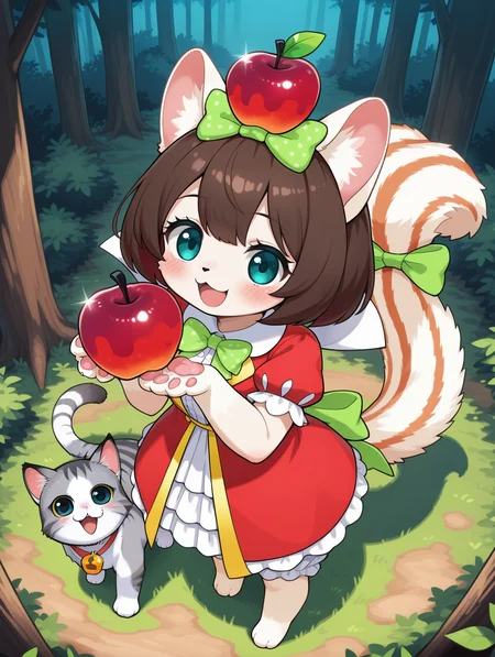 fairy tail - snow,1girl,1other,from above,apple on head,rescue cat,forest,open mouth,red frilled dress,simple background,squirrel girl,smile,green polka dot bow,blush,full body,standing,solo,:3,white bloomers,tail ornament,official alternate costume,barefoot,animal hands,animal nose,animal feet,body fur,looking at viewer,
masterpiece,best quality,amazing quality,very aesthetic,absurdres,newest,<lora:Fairy Tail snow illuXL v1.1:0.7>,