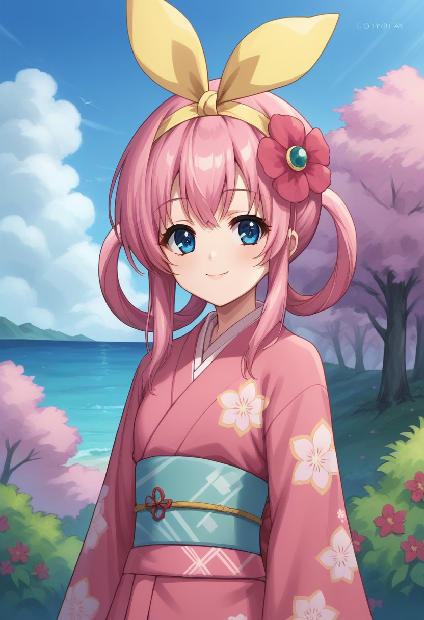 score_9, score_8_up, score_7_up, source_anime, highly detailed, 
sherlockshellinford, 1girl, japanese clothes, pink hair, solo, kimono blue eyes, pink kimono, sash, obi, smile, floral print, hair ornament, looking at viewer, wide sleeves, hairband, flower, standing, hair rings,
hair flower, sidelocks, :d, long sleeves, upper body,
outdoor, sky