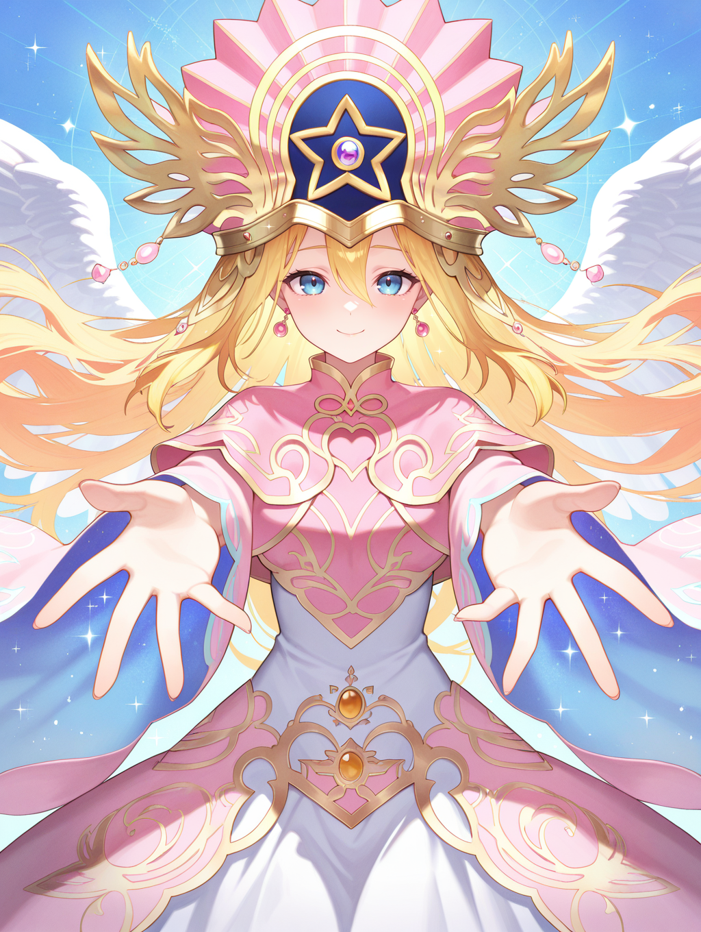 elemental grace doriado,official alternate costume,doriado,solo,1girl,very long hair,looking at viewer,angel wings,sparkle,smile,blue background,closed mouth,pink wizard hat,pink rope,pink earrings,floating hair,reaching towards viewer,
masterpiece,best quality,amazing quality,very aesthetic,absurdres,newest,<lora:Doriado 4 in 1 illusXL v1.1:0.7>,